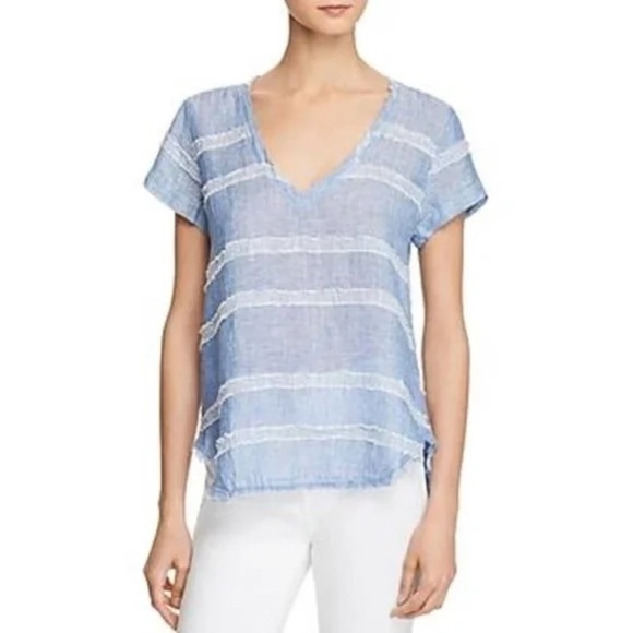 Bella Dahl Linen Blend Stripe V-Neck Frayed High Low Top Blue White Size L NWT - Picture 1 of 15
